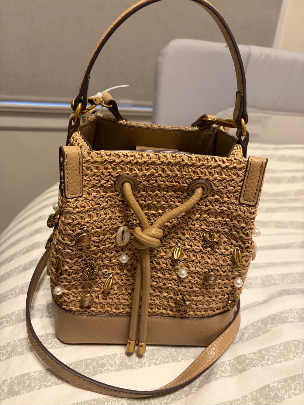 Steve Madden Tan Straw Bucket Bag with Embellishments